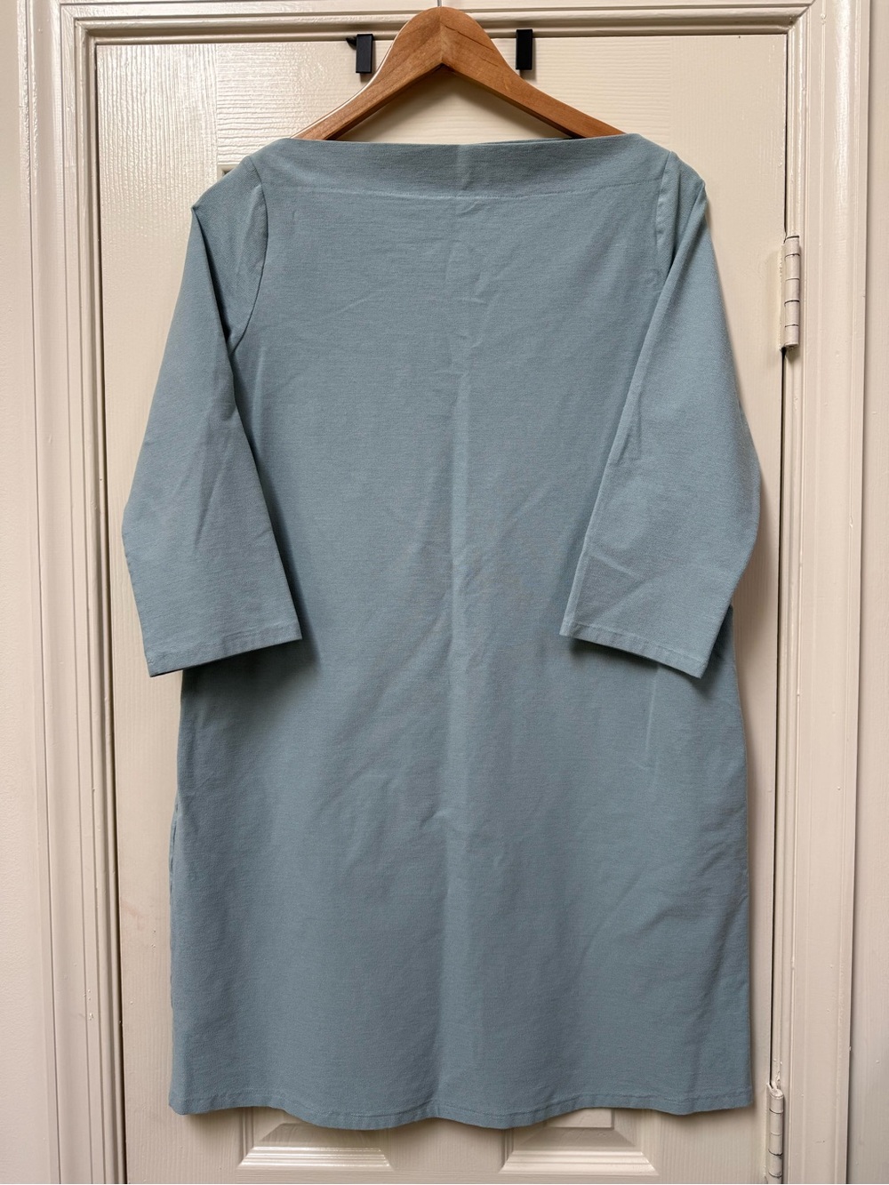 Eileen Fisher Washable Stretch Crepe Shift Dress Slate Blue Sz Small Petite USA